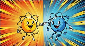Poster showing ions holding hands and forming an ionic bond.